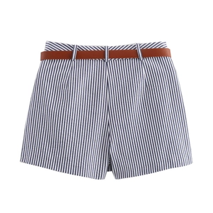 Detailed view of blue and white striped summer shorts with a slim brown waist belt