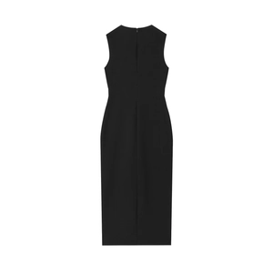Elegant sleeveless black midi dress with a back zipper closure and slim fit silhouette