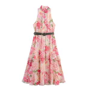 Damen Sommer Neckholder Ärmellos Blumen Print Maxi Kleid Hohe Taille Gestufte Tortenrock Mit Gürtel Urlaub Freizeitkleid