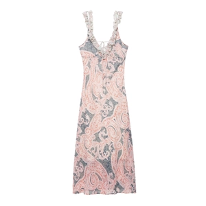 Abito Maxi Donna Boho Stampa Paisley Scollo V con Volant Chiusura sul Retro Senza Maniche Abiti Lunghi Eleganti Moda Mare