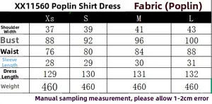 Tableau des tailles pour robe chemise en popeline avec mesures d'épaules et de poitrine