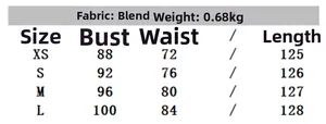 Detailed size chart for belted shirt dress showing bust, waist and length in cm
