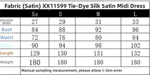 Size chart detail for tie-dye satin midi dress including bust, waist, and length measurements