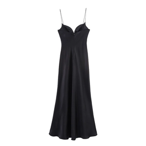 Elegant black satin slip maxi dress with thin straps and a V-cut back design