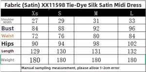 Size chart table for tie-dye satin midi dress showing measurements in centimeters