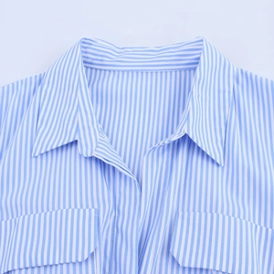 Détail de robe chemise en popeline à rayures bleues et blanches avec col et poches de face