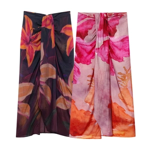 Gonna Longuette Donna a Portafoglio con Stampa Floreale Vita Alta Dettaglio Nodo Spacco Laterale Sarong Vacanza Mare