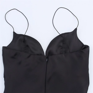 Elegant black satin slip dress with thin straps and invisible back zipper closure