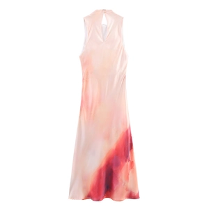 Detail of satin halter neck midi dress with artistic pink gradient and back teardrop cutout