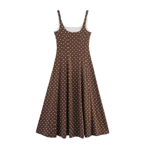 Elegant brown polka dot midi dress with wide straps and a vintage A-line silhouette