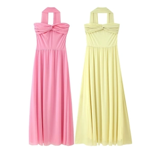 Women Sexy Mesh Halter Tube Top Long Dress Elegant Solid Color Pleated A-Line Resort Evening Maxi Dress With Flowy Streamer