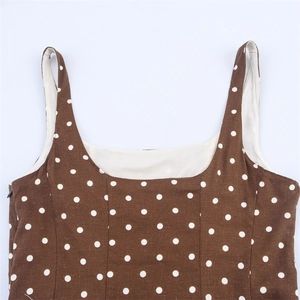 Brown polka dot midi dress with square neckline and wide straps for spring 2025