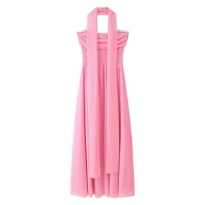 Elegant pink strapless maxi dress with halter scarf and pleated bust for women