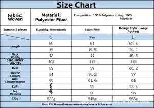Size guide for women's bomber jacket with detailed fabric specs and garment measurements