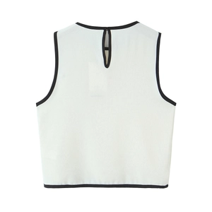Women's white sleeveless crepe top with black contrast trim and back keyhole detail