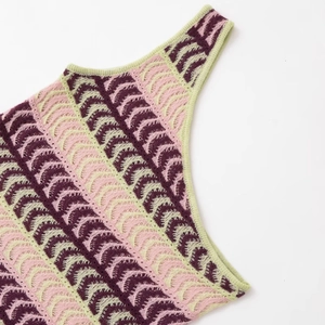 Colorful knitted asymmetric shoulder strap top with pink, purple, and green wave pattern