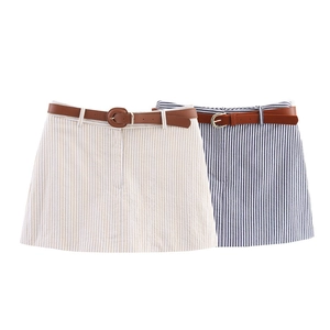 Women Casual Striped Skort With Belt Vertical Stripes A-Line Mini Shorts Skirt Polyester Streetwear Fashion Bottoms