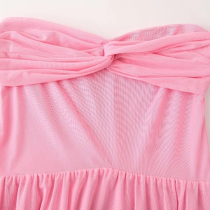 Pink mesh strapless dress with twisted bust detail for a sweet spring aesthetic style