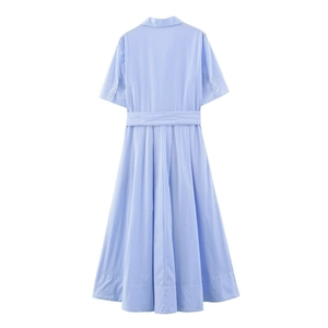 Robe chemise mi-longue en popeline à rayures bleues et blanches avec ceinture dos