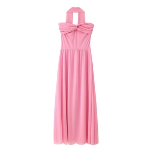 Elegant pink halter tube dress with front knot detail and flowing A-line chiffon skirt