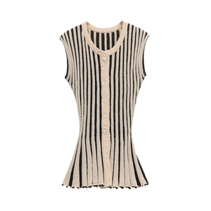 Detail of knitted striped sleeveless vest with vertical stripes and button closure