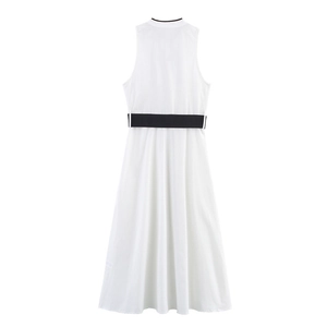 Sleeveless white A-line dress with black waist belt and trim, rear flat lay view
