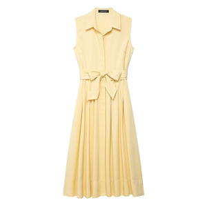 Women's Casual Sleeveless Shirt Dress With Belt Elegant Lapel Neck Solid Color Pleated Maxi Dress For Spring Summer