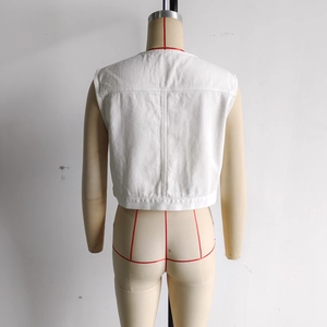 Rear view of white denim sleeveless vest showing cropped cut and vertical stitching