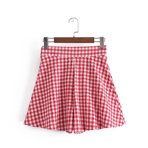 Red and white gingham high-waisted pleated A-line mini skirt on a wooden hanger