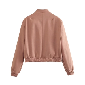 Back view of a dusty rose bomber jacket featuring elastic hem and stand collar design