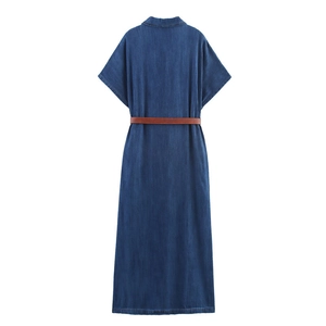 Short sleeve dark blue denim maxi dress with brown belt, back view on white background