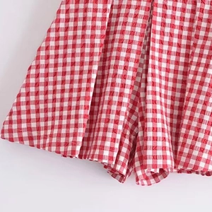 Women's red and white gingham seersucker shorts with pleated texture for spring