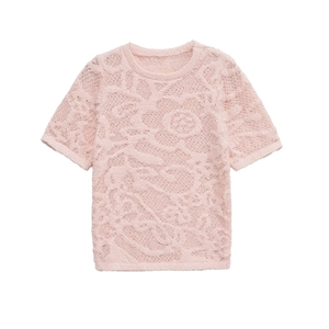 Damen Süßes Rosa Jacquard Strick T-Shirt Elegante Florale Struktur Kurzarm Rundhals Slim Fit Casual Sommer Top