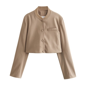 Detail of khaki cropped jacket featuring a ribbed collar and button closure