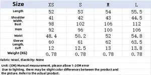 Size chart table for soft wool jacket with detailed measurements from XS to L