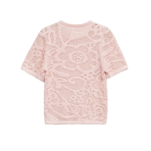 Rosa kurzärmeliges Strickoberteil mit floralen Texturen und klassischem Rundhalsausschnitt