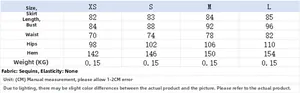 Detailed size chart for women's sequin dress with measurements from XS to L