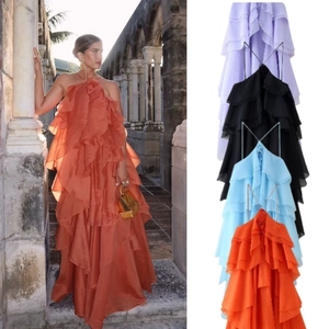 Women Halter Backless Maxi Dress Ruffle Layered Cake Skirt With 3D Flower Decoration Summer Vacation Party Sexy Dress