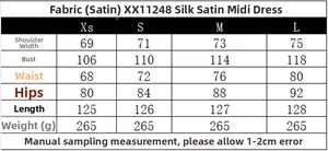 Guide des tailles détaillé pour robe midi en satin avec mesures d'épaules et de poitrine