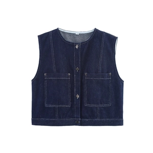 Women's classic dark blue denim sleeveless vest with white contrast stitching and pockets