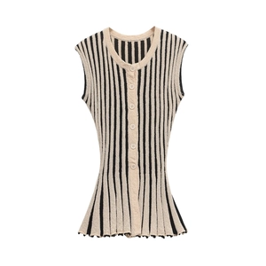 Women Knitted Striped Sleeveless Vest And Wide Leg Flare Pants Elegant Top And Bottom Striped Knitted Co-ords Daily Outfit