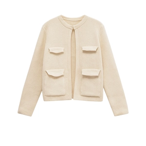 Cardigan en Tricot Élégant à Col Rond pour Femmes Style Chic Poches Décoratives Manches Longues Tricots Décontractés