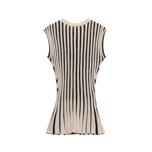 Women's chic black and white striped sleeveless knit top with a classic crew neck