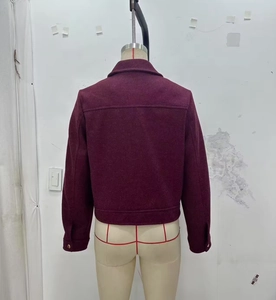 Back view of a cropped burgundy jacket with a classic lapel and buttoned cuffs