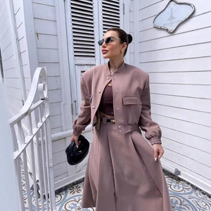 Women's 2025 early spring dusty pink jacket and long skirt set for a stylish outfit