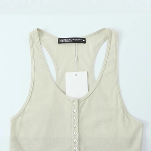Pale green racerback rib-knit top with button detail and slim fit for spring