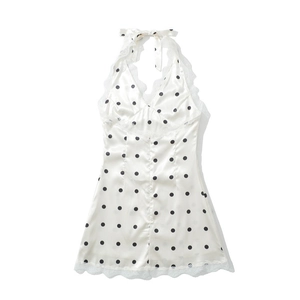 Damen Polka-Dot Neckholder-Satinkleid mit eleganten weißen Spitzenbesatz-Details