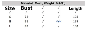 Size chart for mesh long dress with bust and length measurements in cm for sizes S to L
