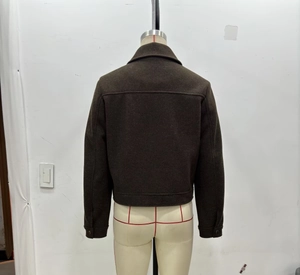 Rear view of dark brown short wool jacket featuring spread collar and back seam detail
