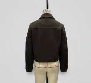 Rear view of dark brown short wool jacket featuring spread collar and back seam detail